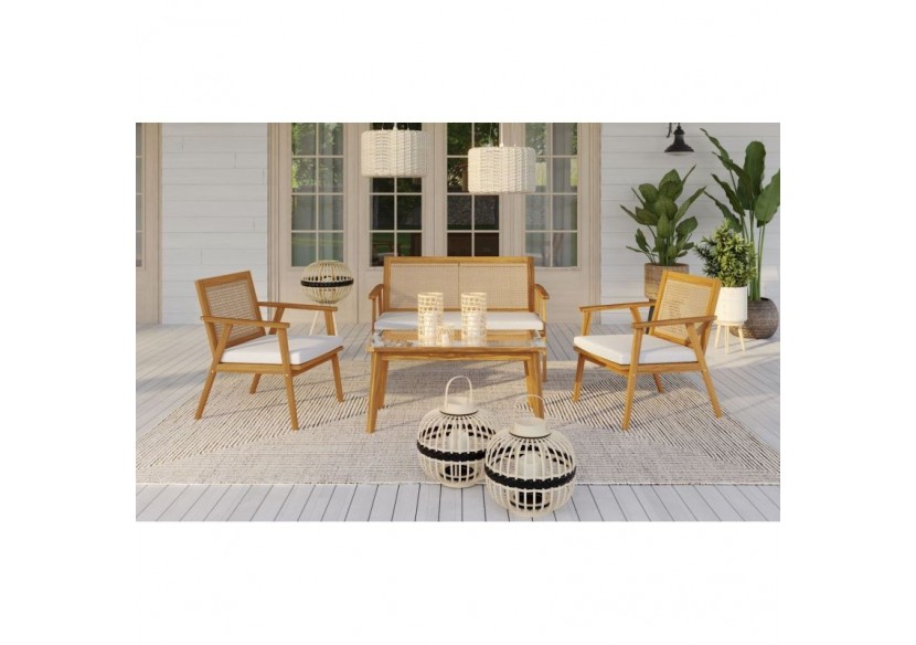 Salon de jardin NOTARA en bois d’acacia et résine tressée 4 places