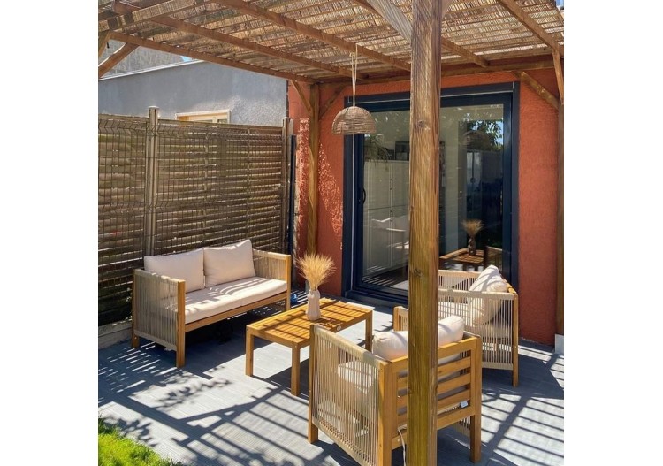 Salon de jardin LAFITENIA en bois d’acacia FSC et corde 4 places coussins beige 2