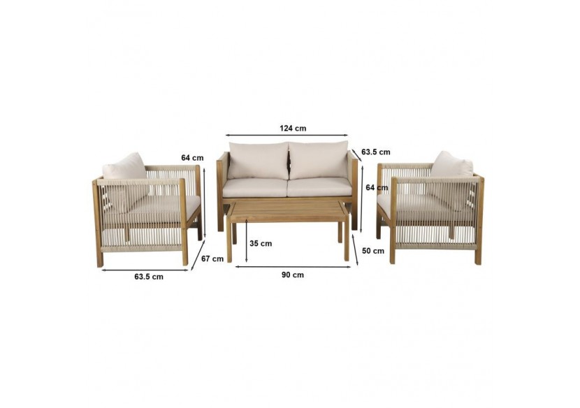 Salon de jardin LAFITENIA en bois d’acacia FSC et corde 4 places coussins beige