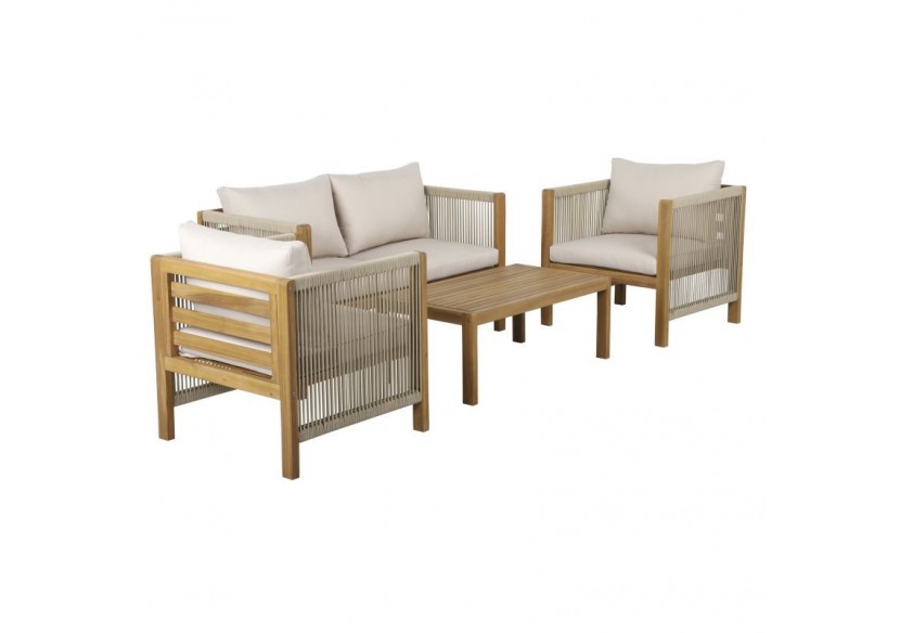 Salon de jardin LAFITENIA en bois d’acacia FSC et corde 4 places coussins beige