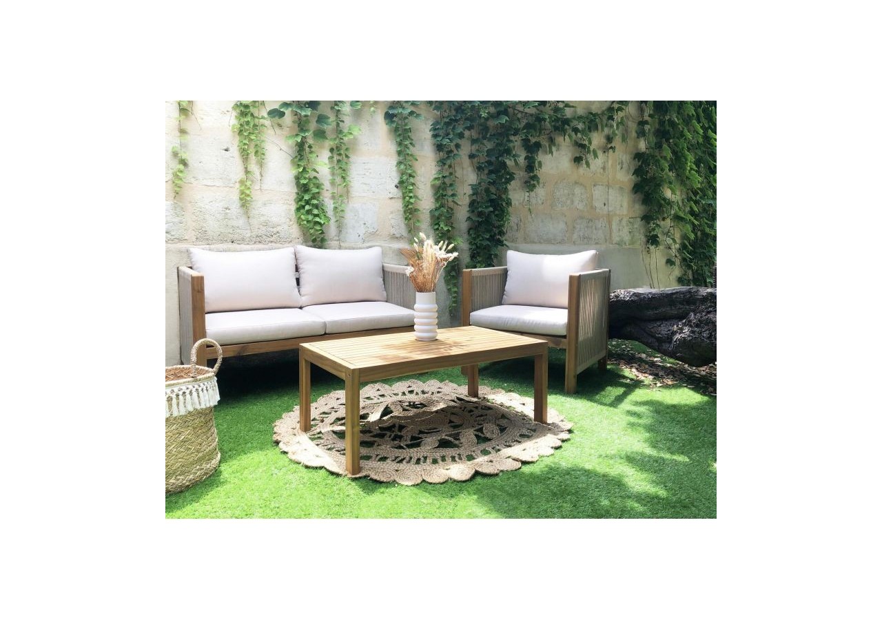 Salon de jardin LAFITENIA en bois d’acacia FSC et corde 4 places coussins beige