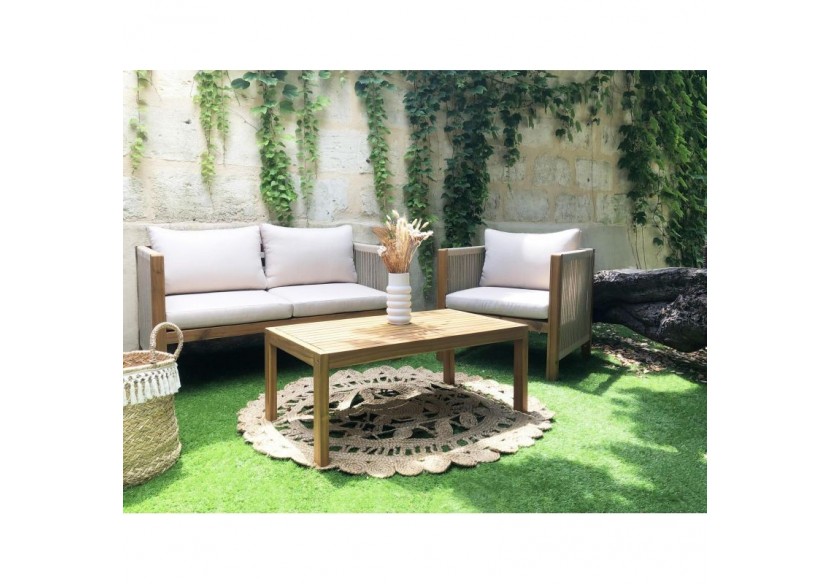 Salon de jardin LAFITENIA en bois d’acacia FSC et corde 4 places coussins beige