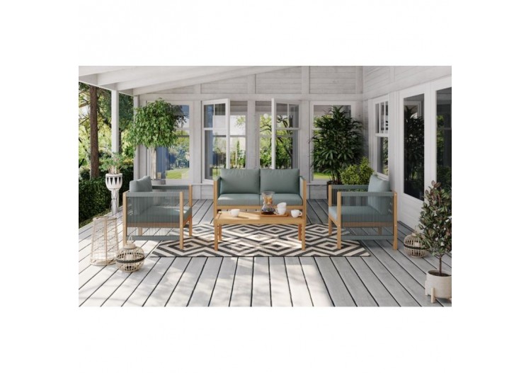 Salon de jardin LAFITENIA en bois d'acacia et corde 4 places coussins vert 2