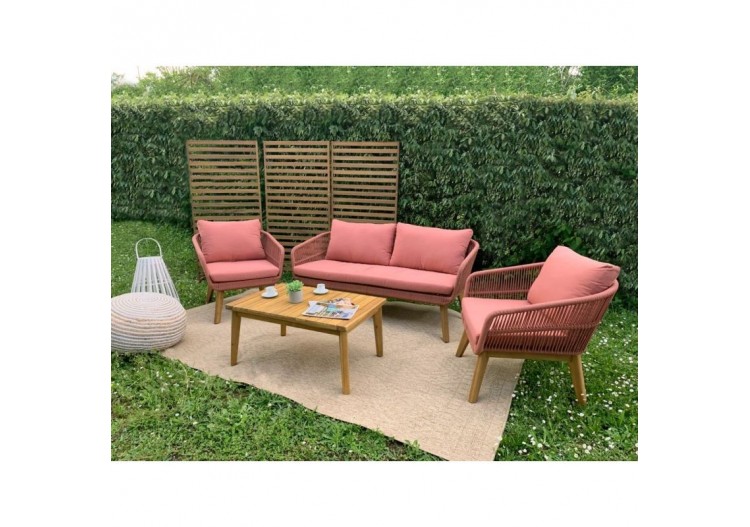 Salon de jardin MALA en bois d'acacia 5 places corde coussins terracotta 2