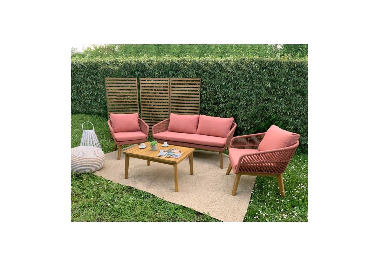 Salon de jardin MALA en bois d'acacia 5 places corde coussins terracotta