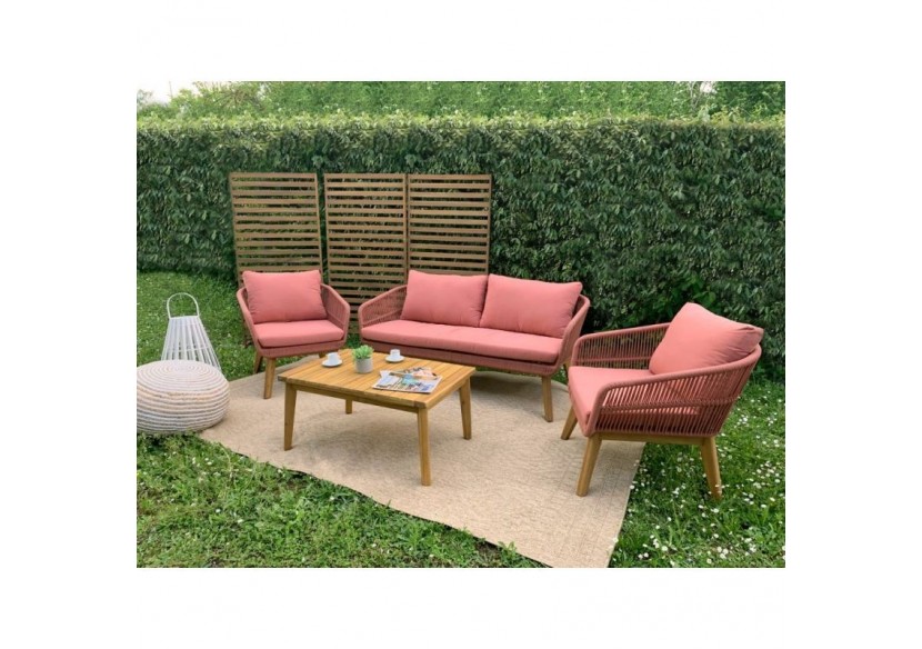 Salon de jardin MALA en bois d'acacia 5 places corde coussins terracotta