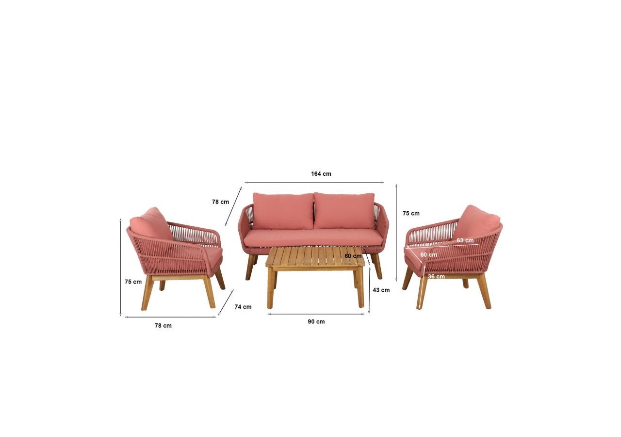 Salon de jardin MALA en bois d'acacia 5 places corde coussins terracotta