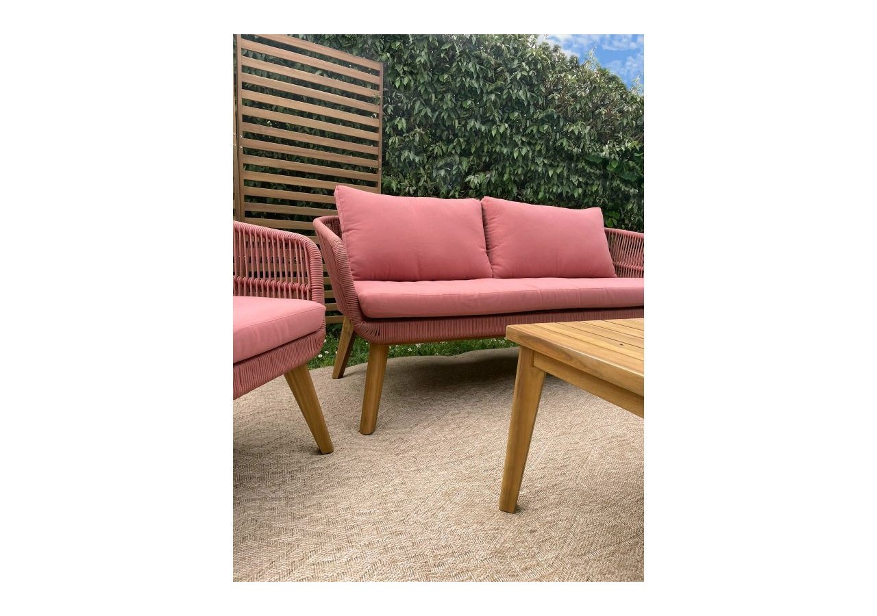 Salon de jardin MALA en bois d'acacia 5 places corde coussins terracotta