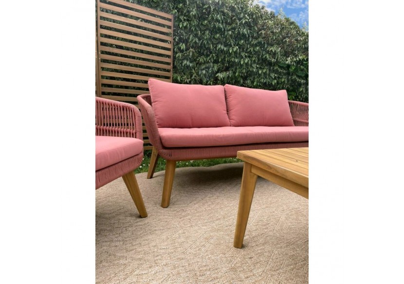 Salon de jardin MALA en bois d'acacia 5 places corde coussins terracotta