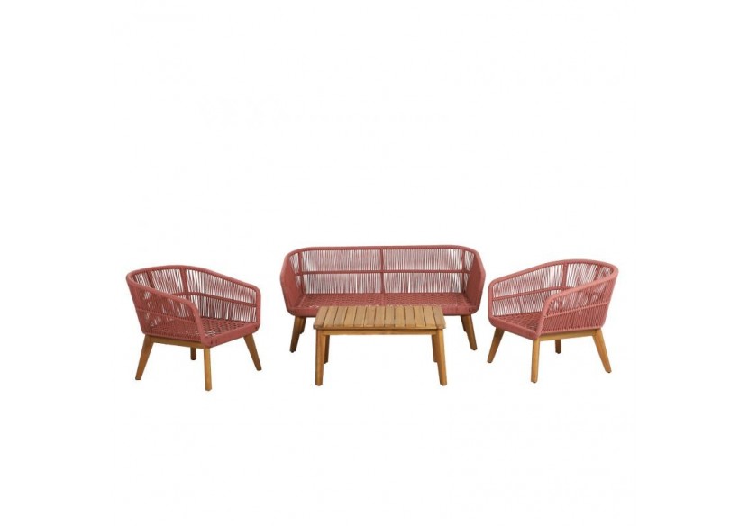 Salon de jardin MALA en bois d'acacia 5 places corde coussins terracotta