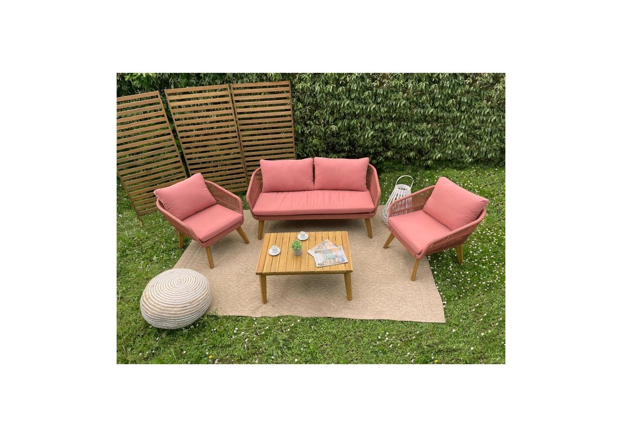 Salon de jardin MALA en bois d'acacia 5 places corde coussins terracotta