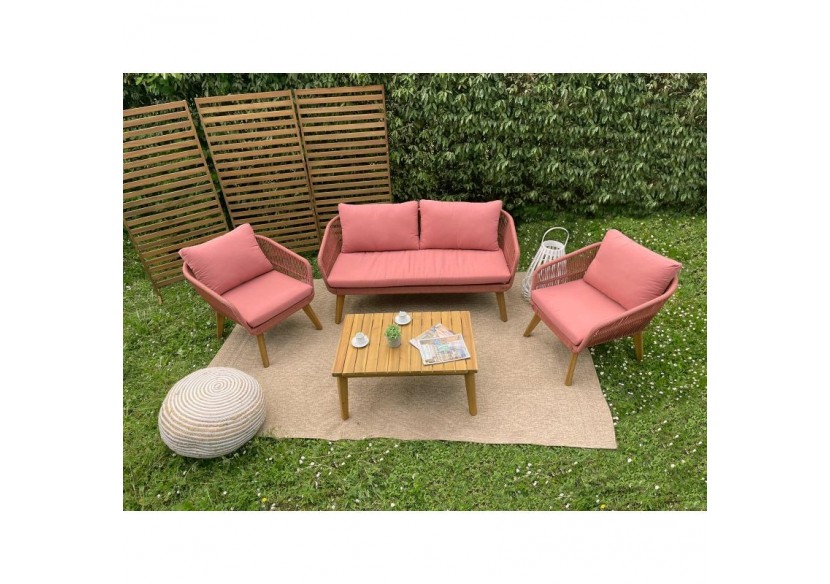 Salon de jardin MALA en bois d'acacia 5 places corde coussins terracotta