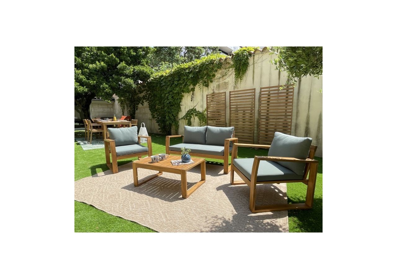 Salon de jardin OLBIA en bois d’acacia coussins verts
