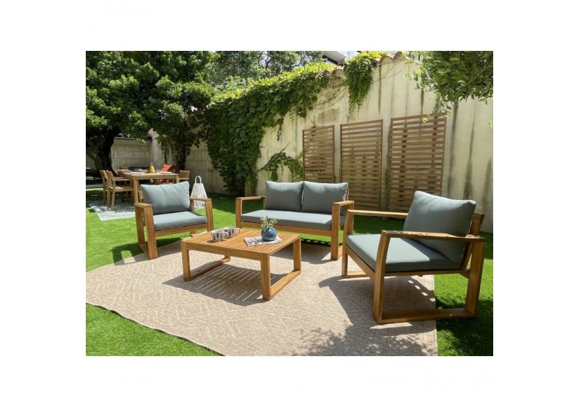Salon de jardin OLBIA en bois d’acacia coussins verts