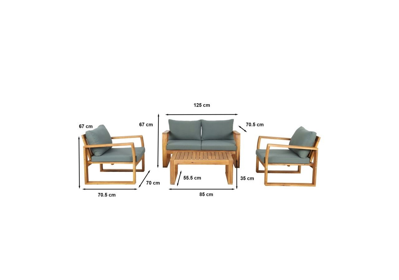 Salon de jardin OLBIA en bois d’acacia coussins verts