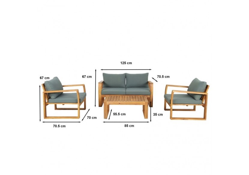 Salon de jardin OLBIA en bois d’acacia coussins verts