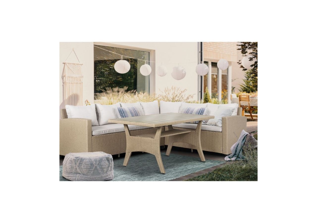 Salon de jardin BELLWOOD en résine tressée 5 places coussins beige