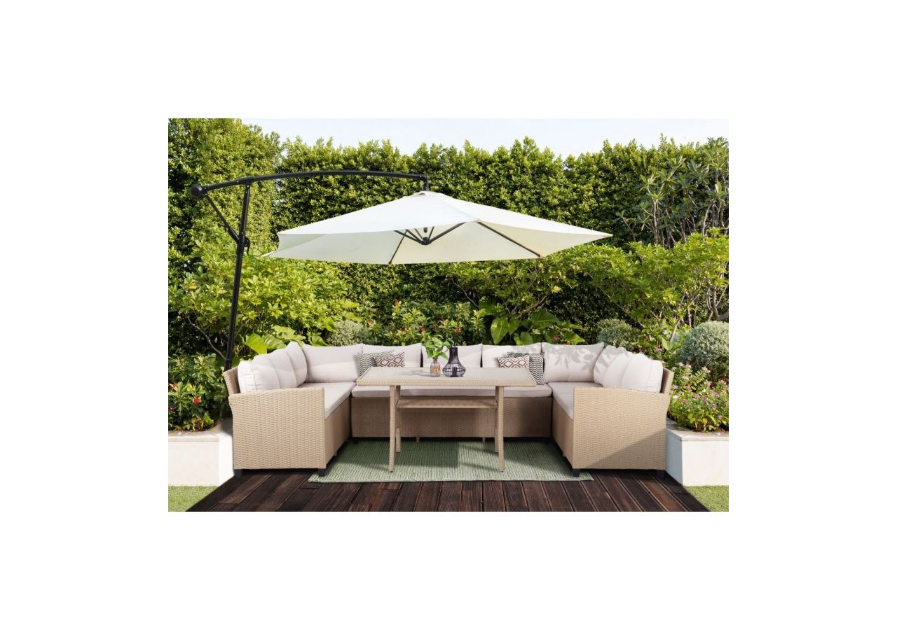 Salon de jardin FRANKLIN en résine tressée 10 places coussins beige