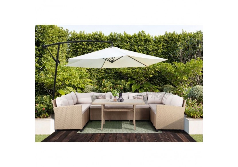 Salon de jardin FRANKLIN en résine tressée 10 places coussins beige