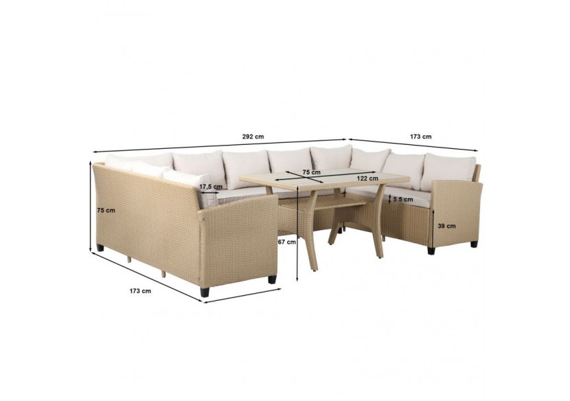 Salon de jardin FRANKLIN en résine tressée 10 places coussins beige
