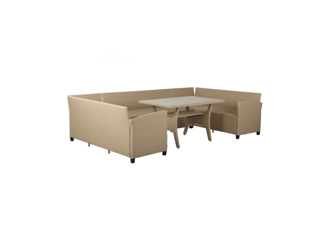 Salon de jardin FRANKLIN en résine tressée 10 places coussins beige