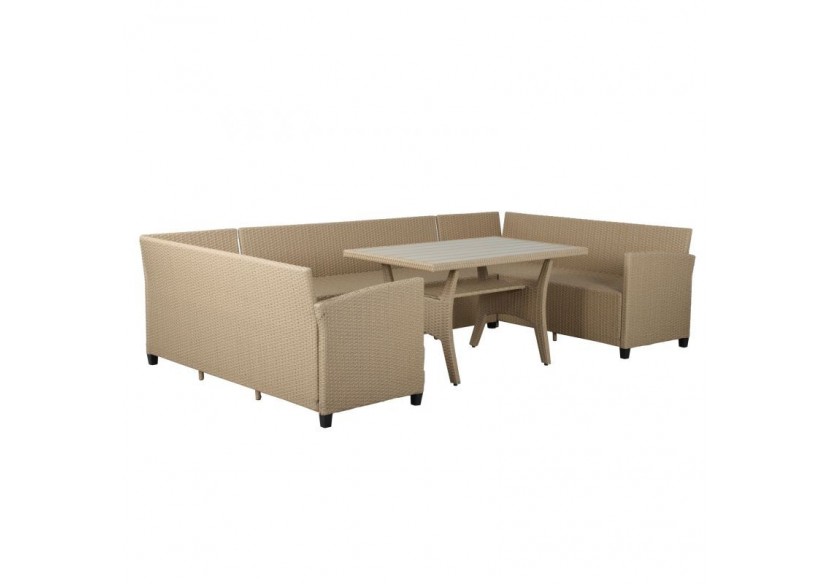 Salon de jardin FRANKLIN en résine tressée 10 places coussins beige