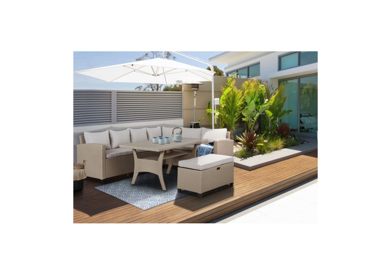 Salon de jardin MELROSE en résine tressée 7 places coussins beige