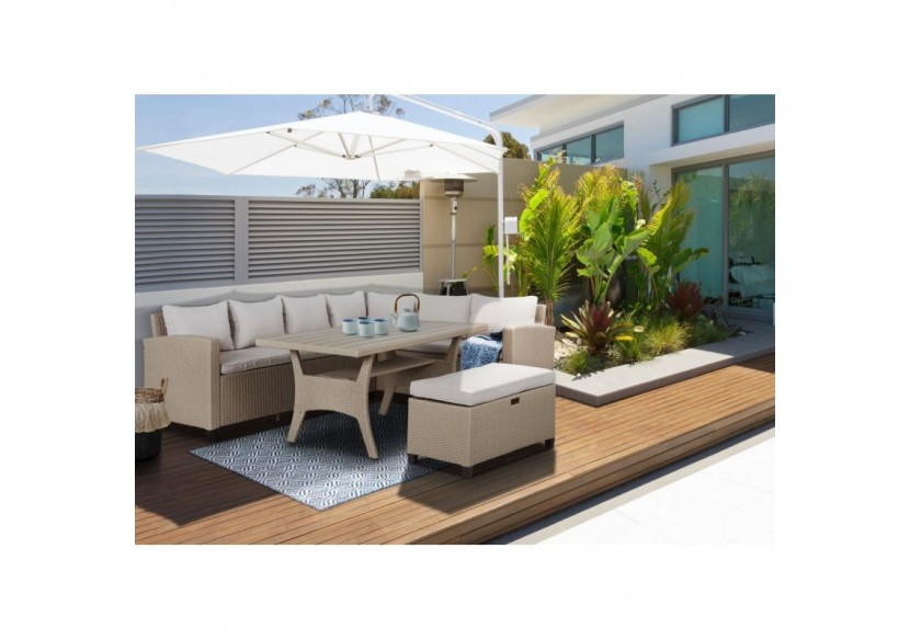Salon de jardin MELROSE en résine tressée 7 places coussins beige