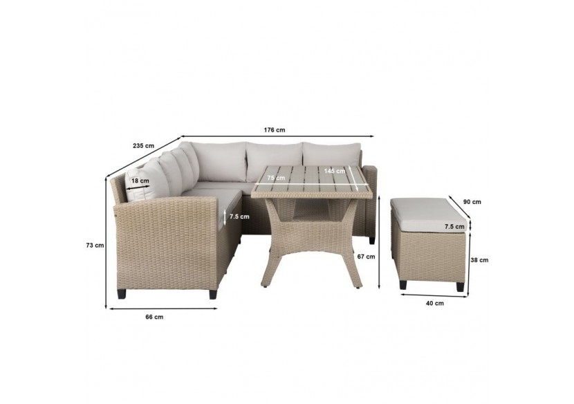 Salon de jardin MELROSE en résine tressée 7 places coussins beige