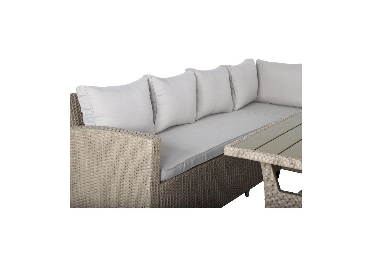 Salon de jardin MELROSE en résine tressée 7 places coussins beige