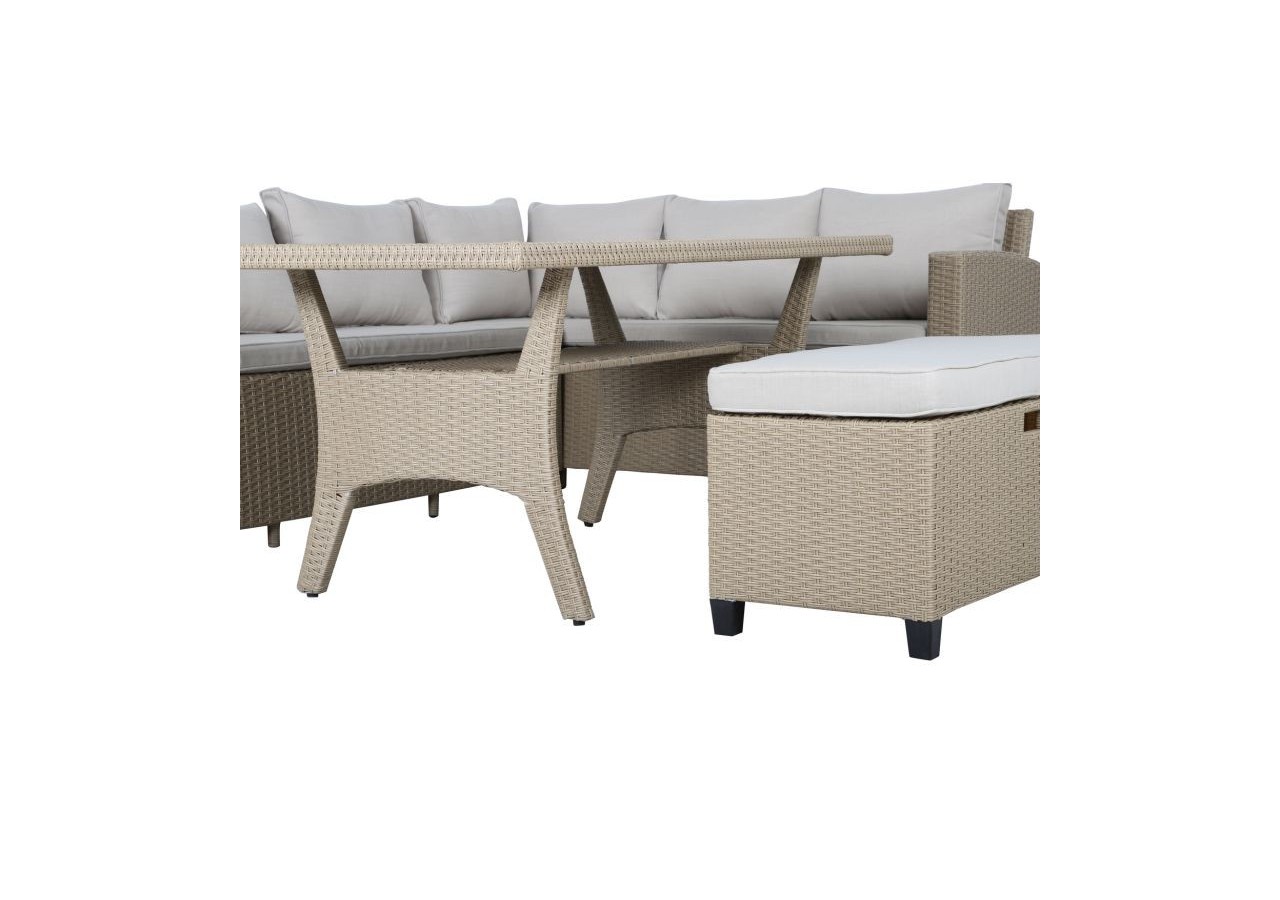 Salon de jardin MELROSE en résine tressée 7 places coussins beige