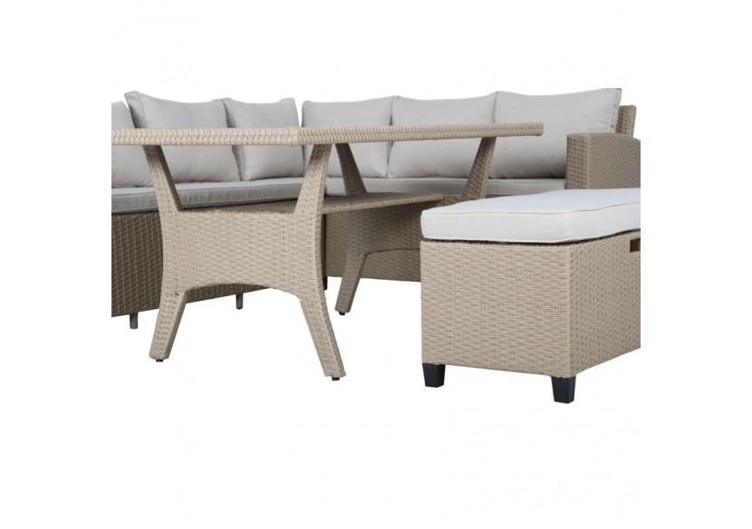 Salon de jardin MELROSE en résine tressée 7 places coussins beige