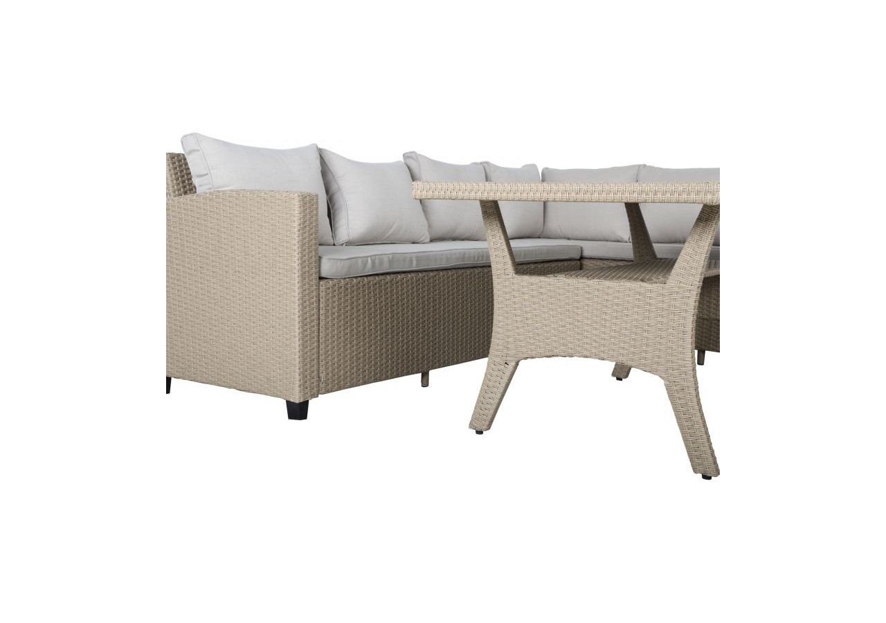 Salon de jardin MELROSE en résine tressée 7 places coussins beige