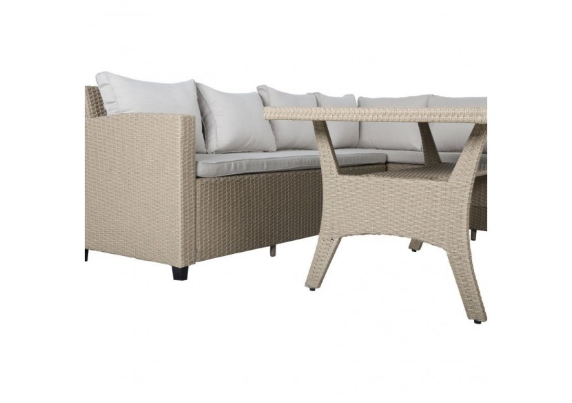 Salon de jardin MELROSE en résine tressée 7 places coussins beige