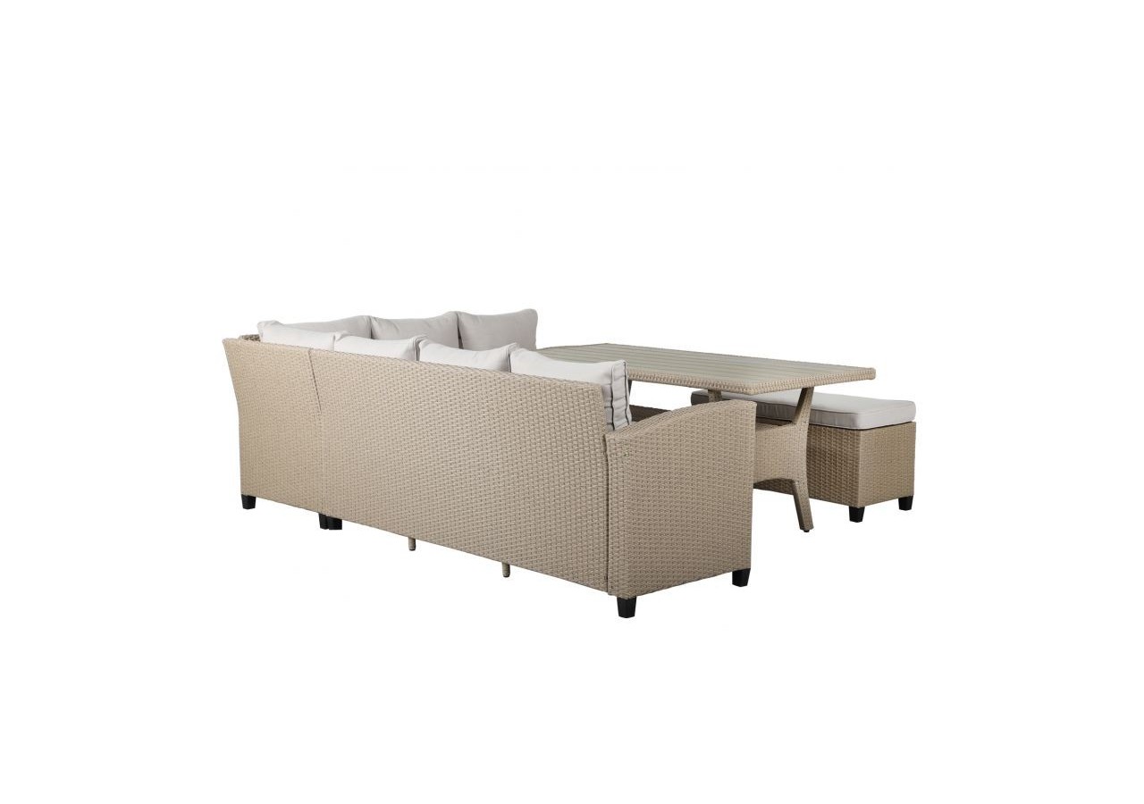 Salon de jardin MELROSE en résine tressée 7 places coussins beige