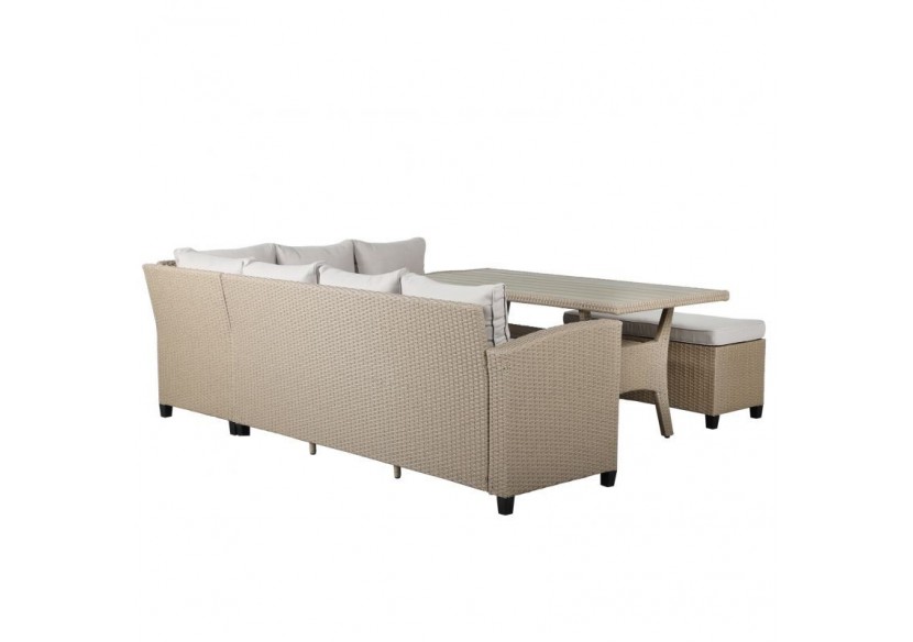 Salon de jardin MELROSE en résine tressée 7 places coussins beige