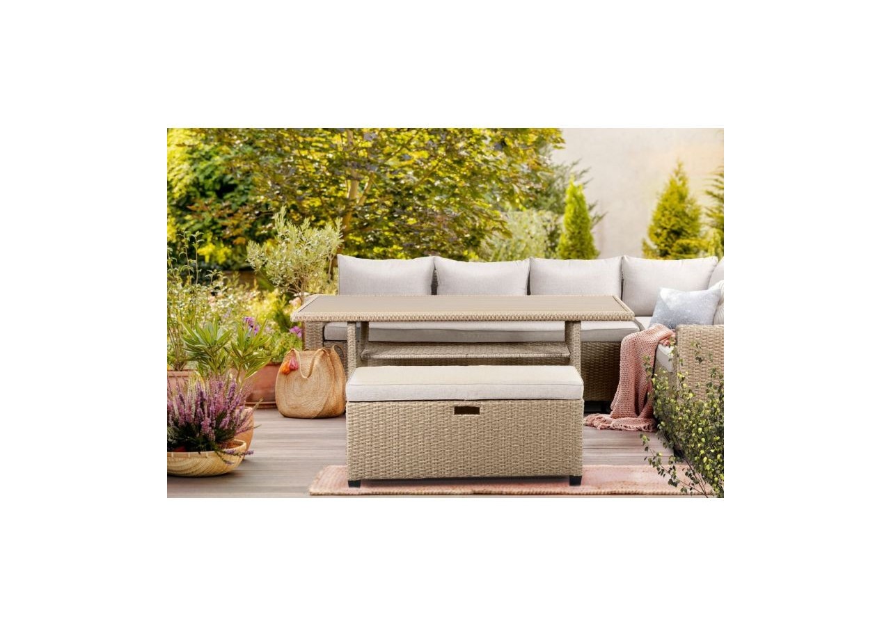 Salon de jardin MELROSE en résine tressée 7 places coussins beige