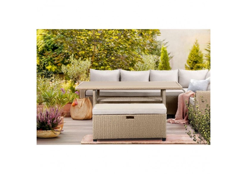 Salon de jardin MELROSE en résine tressée 7 places coussins beige