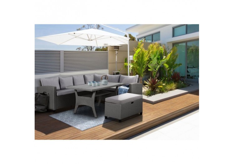 Salon de jardin MELROSE en résine tressée 7 places coussins gris 2