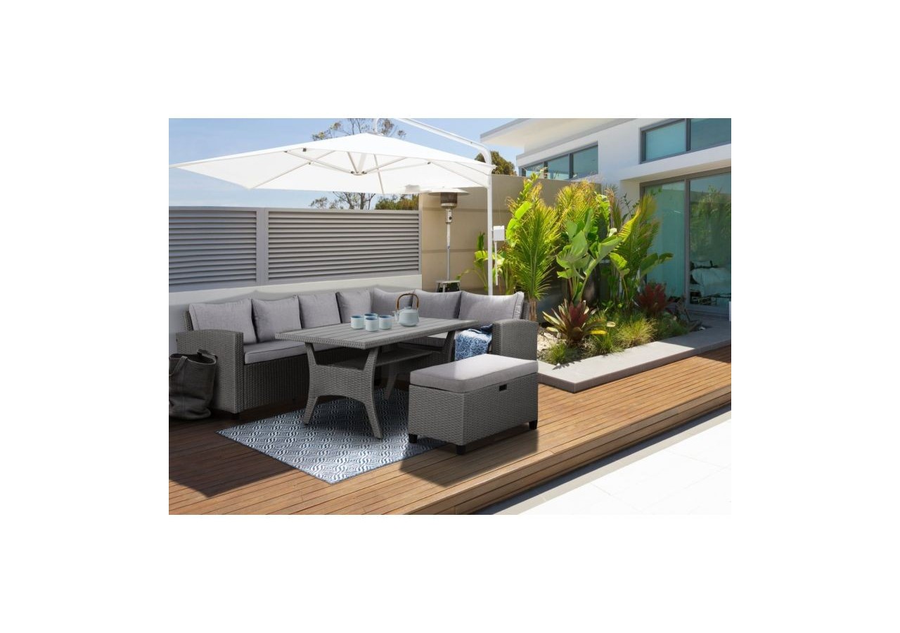 Salon de jardin MELROSE en résine tressée 7 places coussins gris