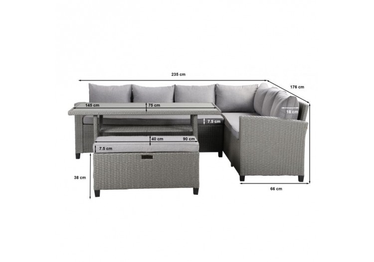 Salon de jardin MELROSE en résine tressée 7 places coussins gris