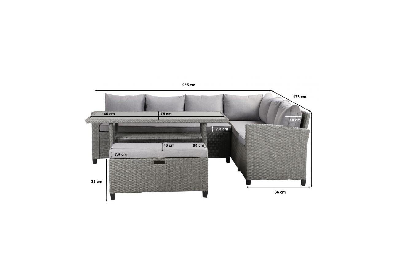 Salon de jardin MELROSE en résine tressée 7 places coussins gris