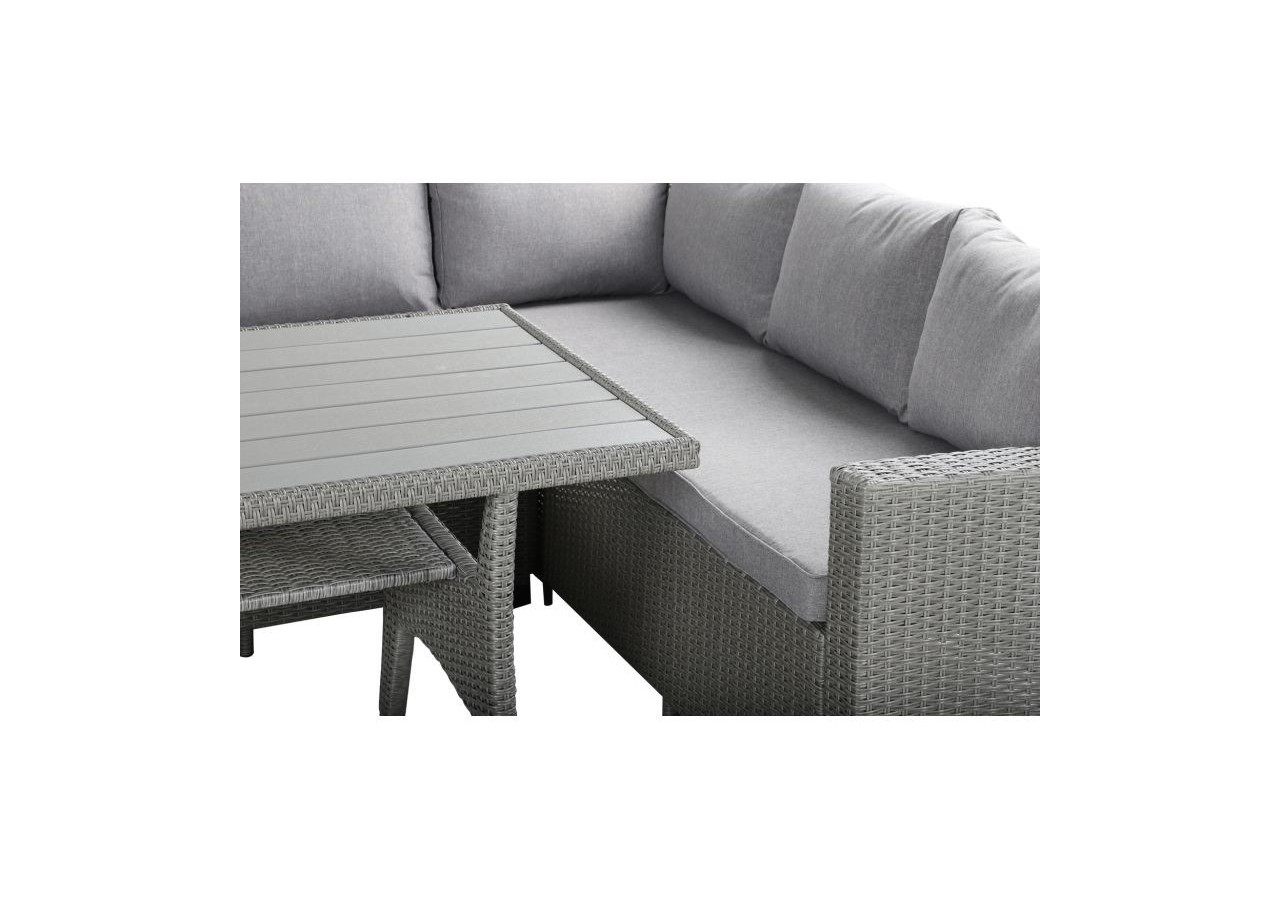 Salon de jardin MELROSE en résine tressée 7 places coussins gris