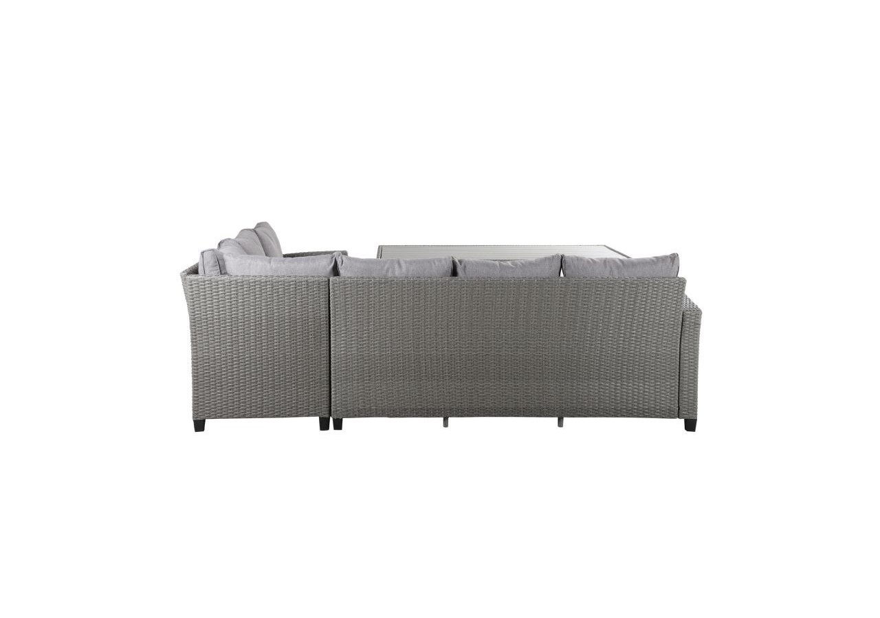 Salon de jardin MELROSE en résine tressée 7 places coussins gris