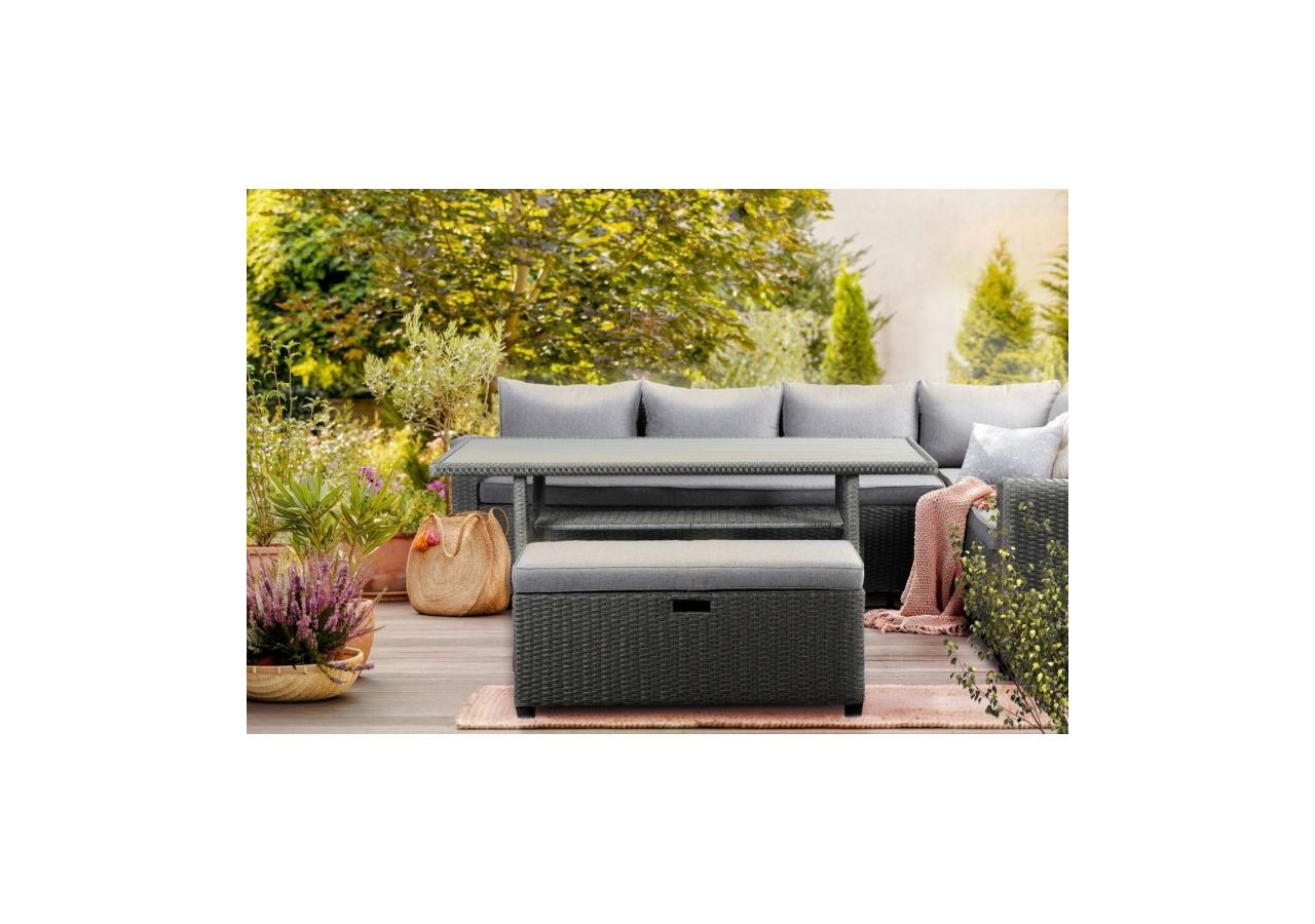 Salon de jardin MELROSE en résine tressée 7 places coussins gris