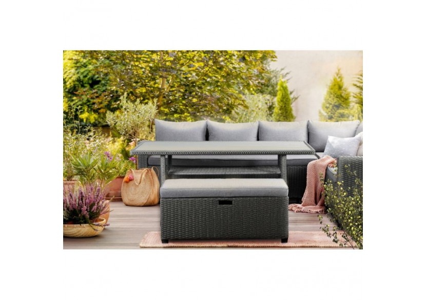 Salon de jardin MELROSE en résine tressée 7 places coussins gris