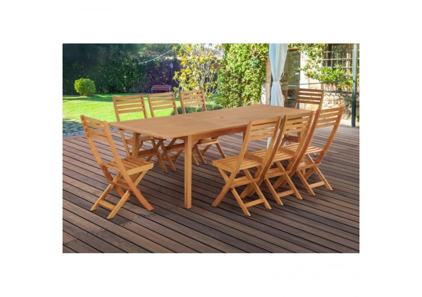 Ensemble repas de jardin SORA en bois d'eucalyptus 8 places 180-240 cm