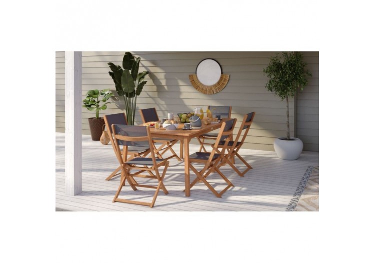 Ensemble repas de jardin SORA en bois d'eucalyptus 6 places 120-180 cm 2