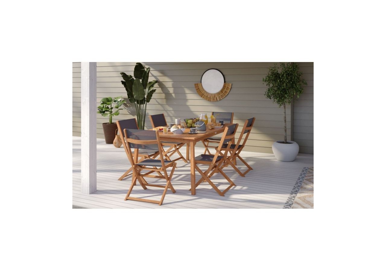 Ensemble repas de jardin SORA en bois d'eucalyptus 6 places 120-180 cm