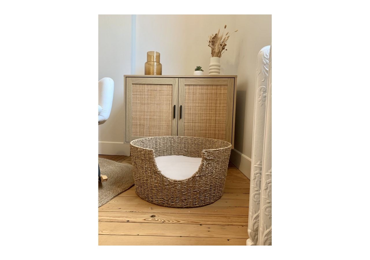 Panier rond ATHENA pour chien et chat en jonc de mer coussin écru